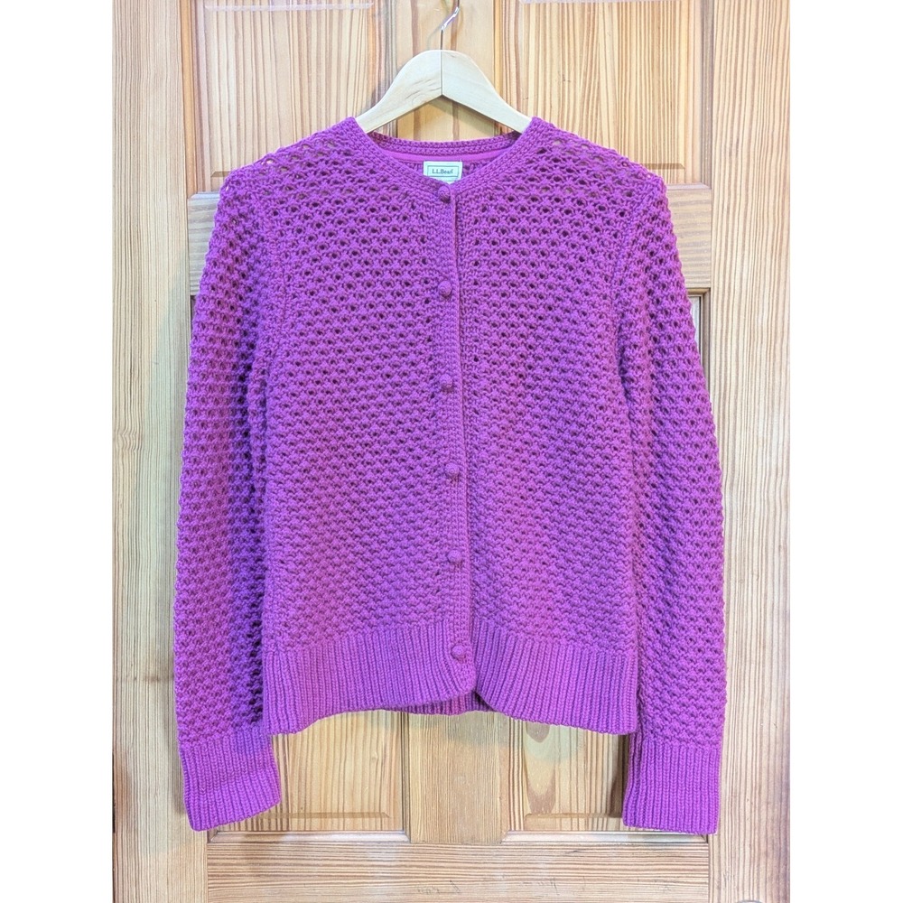LL Bean Cardigan Womens Large Magenta Crochet Knit Wool Angora Sweater Preppy